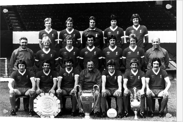 The successfull Liverpool football team of 1977 pose for a group photograph with manager