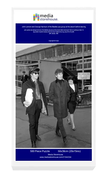 John Lennon and George Harrison of the Beatles pop group at the airport before leaving