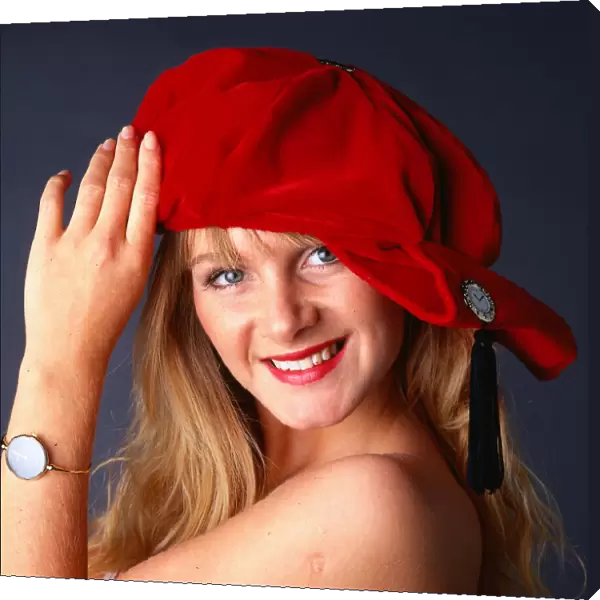 Hat Fashion Model wears red velvet hat November 1989