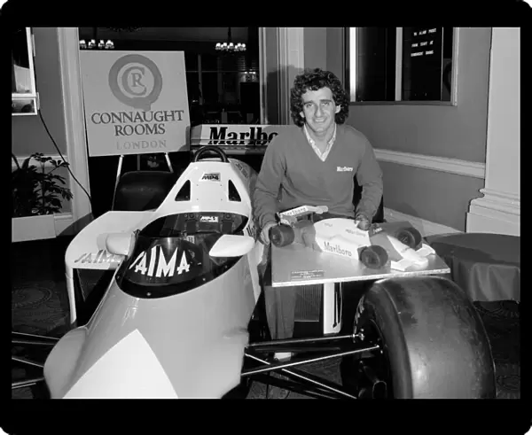 World Champion Alain Prost at Londons Connaught Rooms October 1985