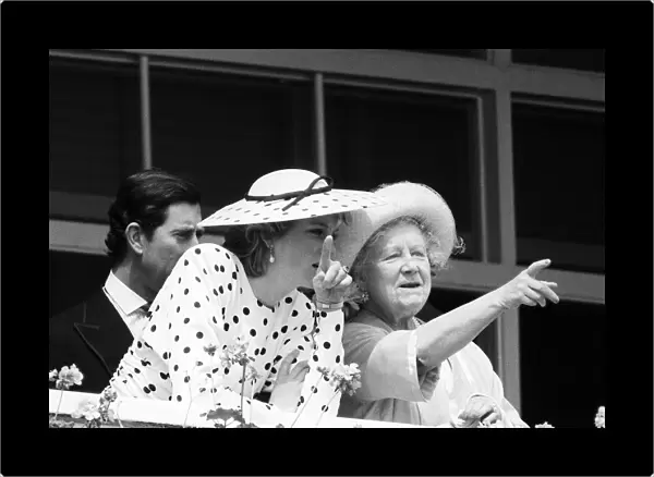 Queen Mother with Prince Charles and Princess Diana at Royal Ascot. 15th June 1988