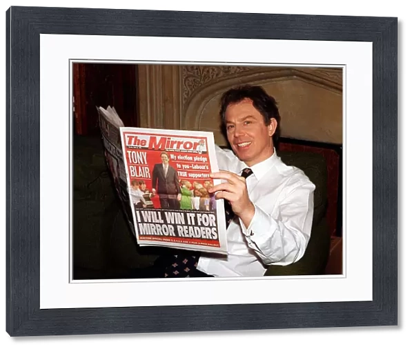 Tony Blair MP Labour Leader reads the Daily Mirror Newspaper at Home