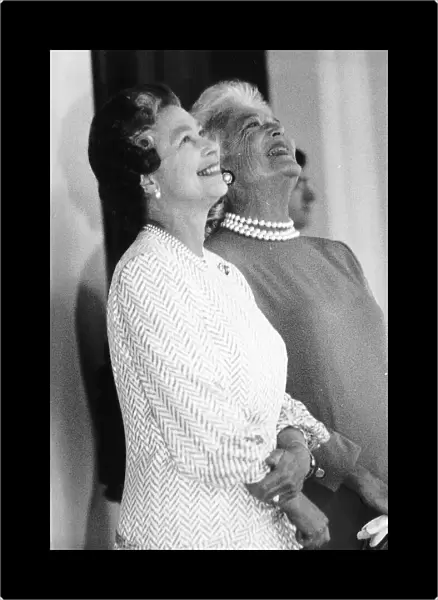 Barbara Bush, wife of President George Bush of the United States shares a joke with Her