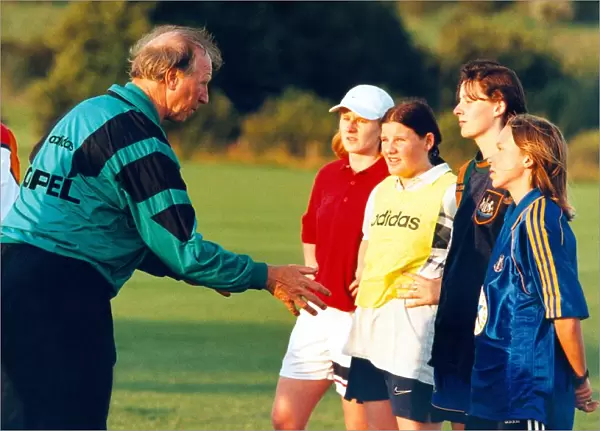 Jack Charlton coaching some of the girls from the North East football teams in August