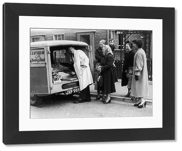 J D McFarland mobile butcher seen here trading in the suburbs of Glasgow, 27th April 1955