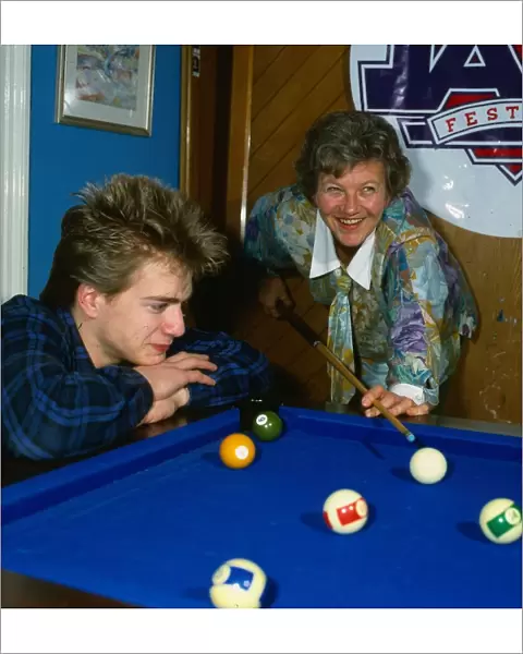 Eileen McCallum actress April 1987 playing snooker pool with her son