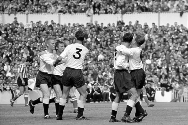 Spurs 2 v. Sheffield United 0. Frank Saul (l) being congratulated by team mates