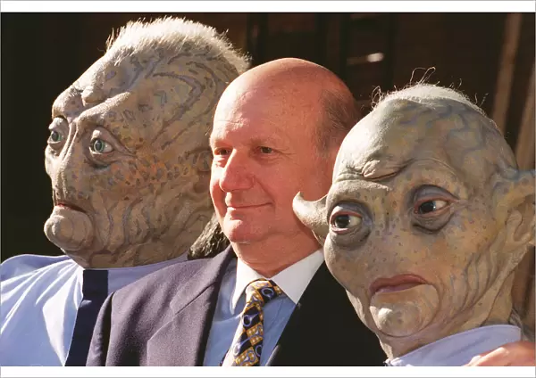 Gerry Anderson with his characters for his new programme Space Precinct puppets