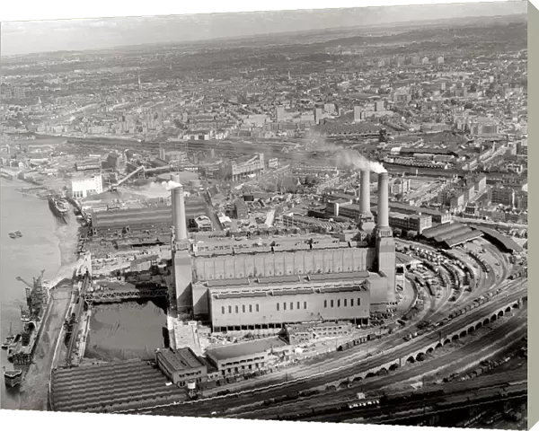 Aerial view of London with Battersea power station in foreground August 1959