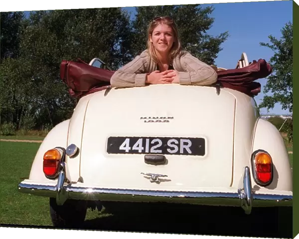 Kirsty Morgan leaning out of the back of Morris Minor Tourer 16th Septeber 1997