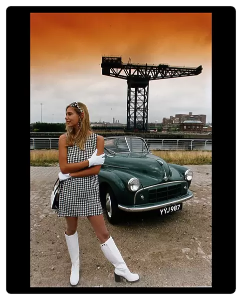 Model poses in a Morris Minor Tourer at the Finnieston Crane. 22nd October 1996