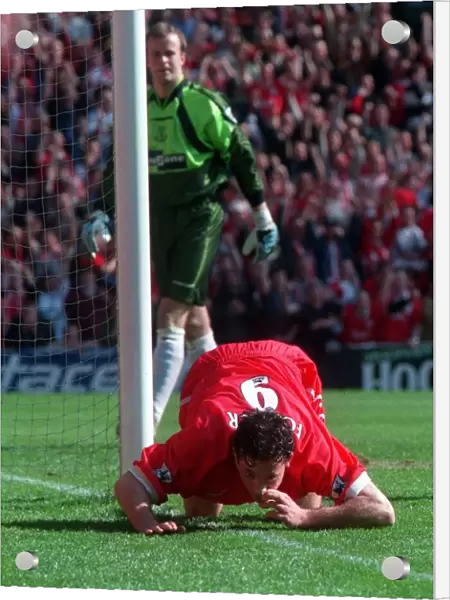 Robbie Fowler coke snorting goal celebration April 1999 during the match against