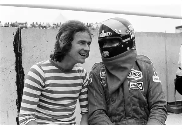 Barry Sheene and James Hunt at a practice day for the British Grand Prix held at Brands