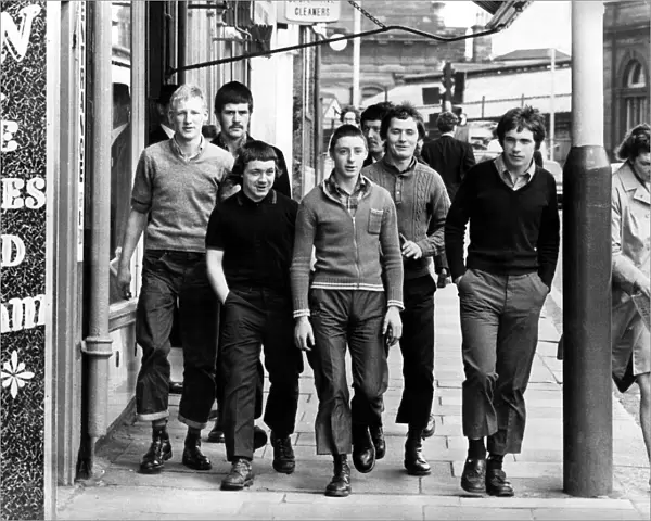 A group of skinheads walking around the streets of Newcastle on 8th June 1972