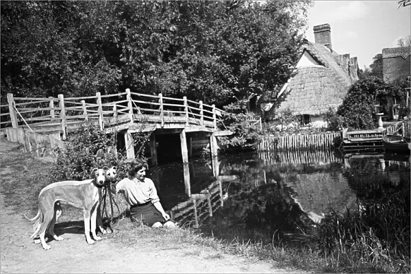 A woman with two dogs at Flatford Mill, on the River Stour close to the Suffolk-Essex