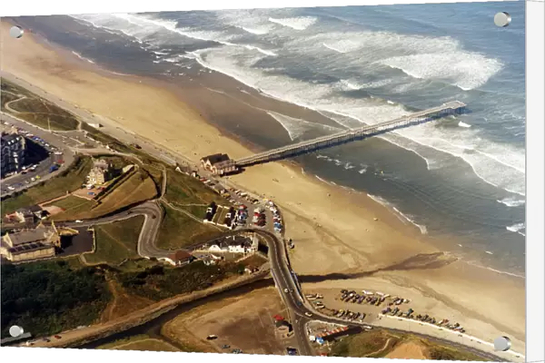 Aerial view of Saltburn beach, pier and cliff lift. 7th September 1991