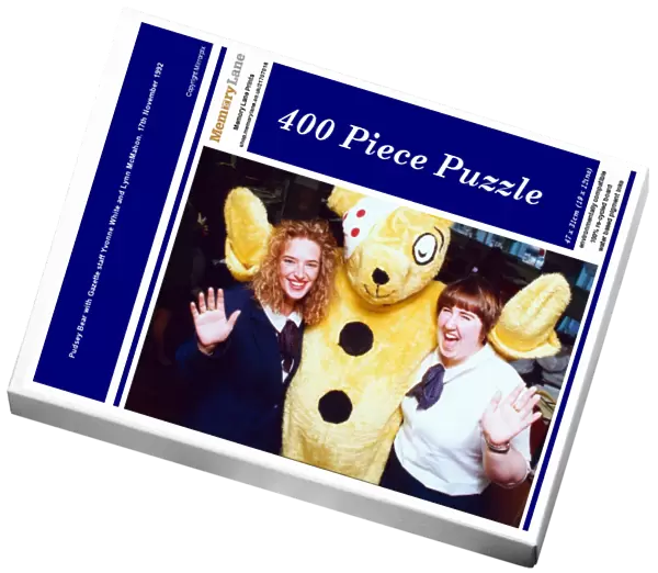 Pudsey Bear with Gazette staff Yvonne White and Lynn McMahon. 17th November 1992