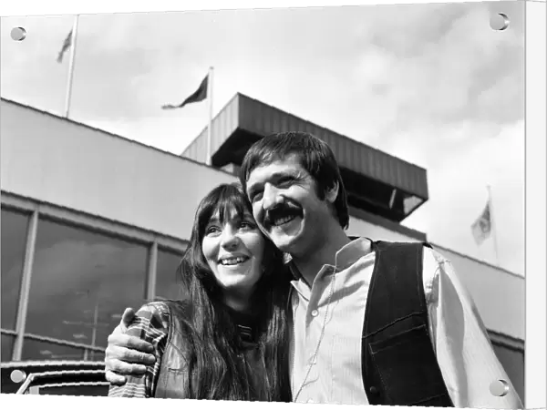 American pop singers Sonny and Cher on arrival at Heathrow Airport. 5th April 1969