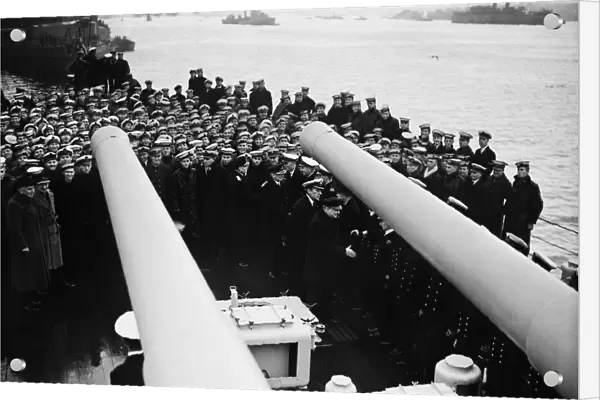 First Lord of the Admiralty Winston Churchill visits HMS Exeter to welcome her home at