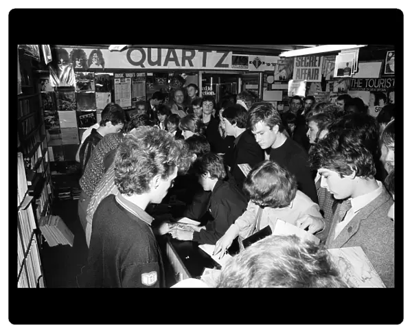 Skids, new wave, post punk, rock group, pictured meeting fans at Quicksilver Record Shop