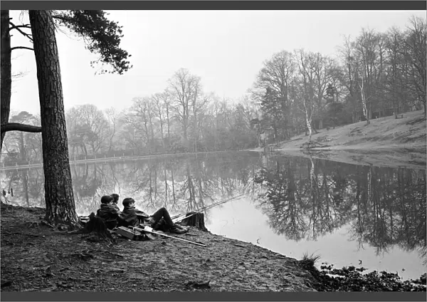 Scenes of boys fishing at Keston Ponds, Kent. 9th January 1964