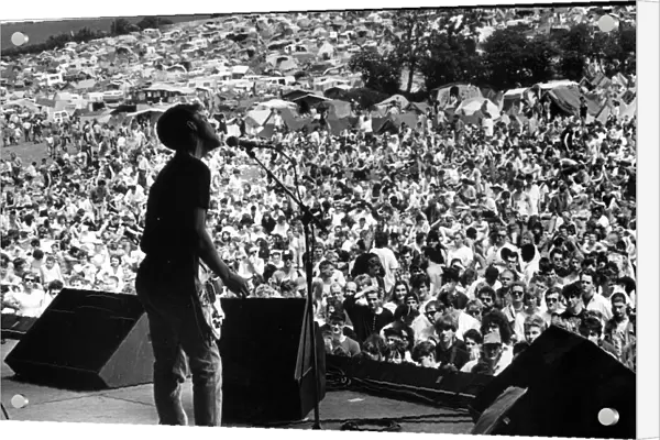 New Order on stage at Glastonbury Festival. 1987