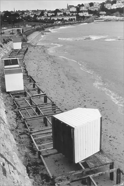 Beach hut tossed aside by the waves in September 1991. Devon