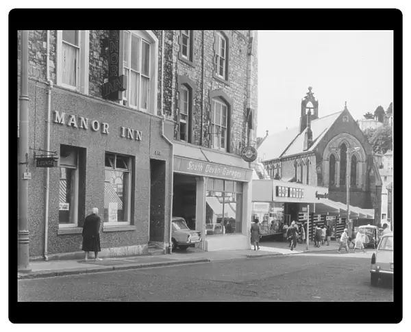The bottom end of Market Street, Torquay in the early 1960s showing the Manor Inn