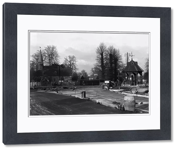 Road widening St. Giles church and pump, Ickenham 15th February 1935