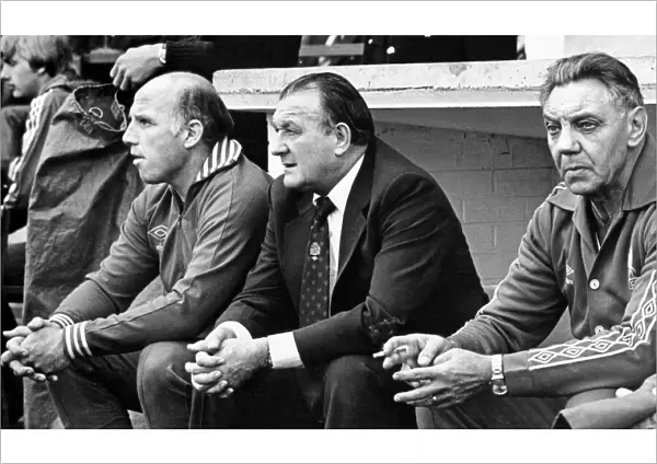 Liverpool manager Bob Paisley flanked by Ronnie Moran and Joe Fagan during his side