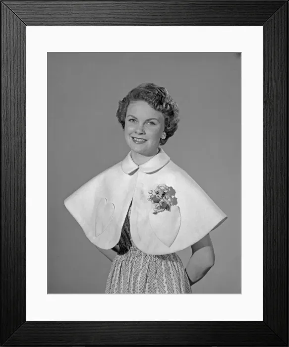 Framed Print : 1956 Felt Cape Print - Maureen Denham in Reveille Pattern Framed Print : 1956 Felt Cape Print - Maureen Denham in Reveille Pattern
