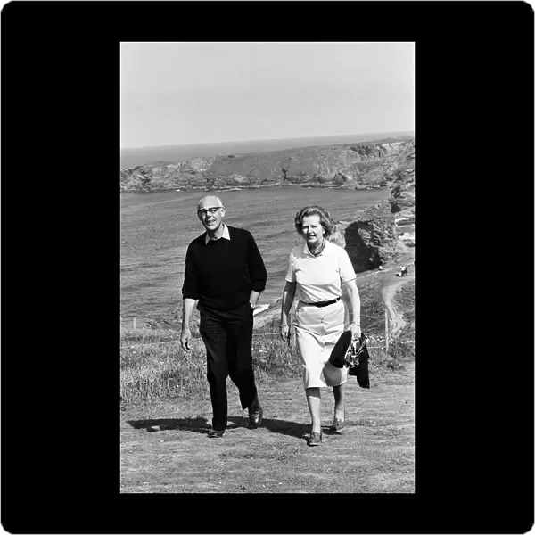 Prime Minister Margaret Thatcher and her husband Denis on holiday at Bedruthan, Cornwall