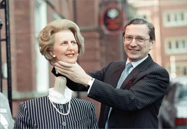 Norman Fowler, Secretary of State for Employment, with a waxwork of Mrs Thatcher in