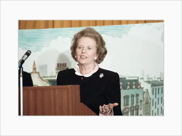 Prime Minister Margaret Thatcher delivers a speech shortly after hearing about
