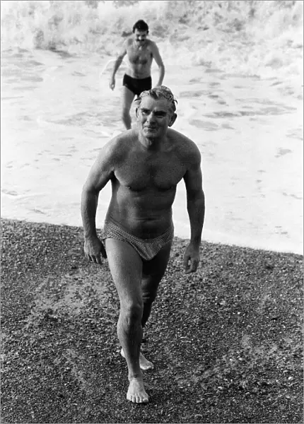 Trade Unionist Bill Sirs swimming in the sea during the Labour party conference, Brighton