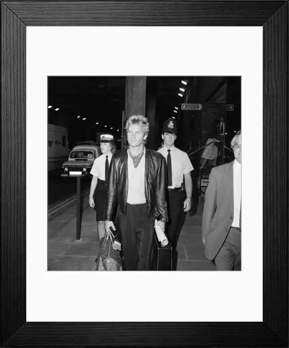 Framed Print : Black and white print of Sting arriving at Gatwick Airport Framed Print : Black and white print of Sting arriving at Gatwick Airport