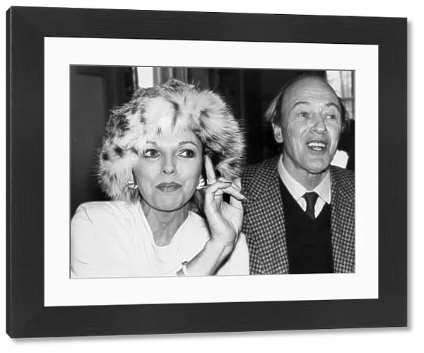 Joan Collins wearing fur hat with Roald Dahl at TV press conference - March 1979