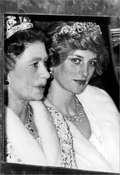 Princess Diana and the Queen in carriage going to State Opening of Parliament - November