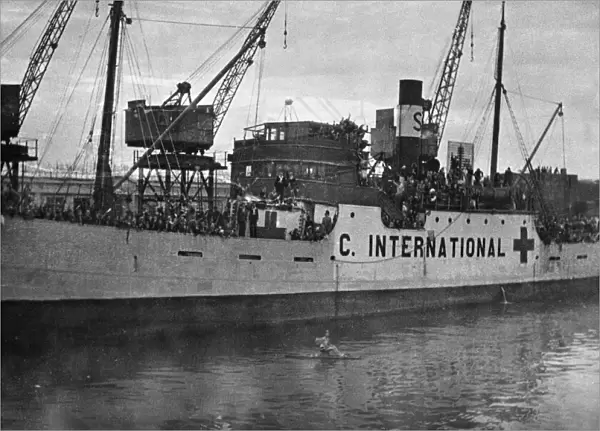 Picture shows The SS Vega, The Red Cross Hospital Ship. It is docked in The Channel