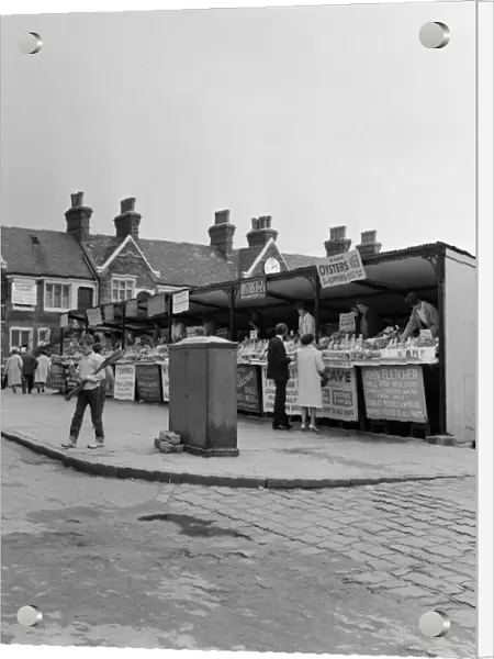 Seafood stalls in Scarborough, North Yorkshire. May 1964