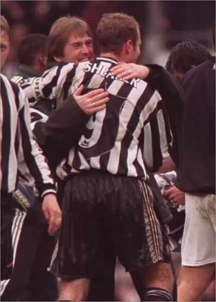 Kenny Dalglish Newcastle manager April 1997 hugging Alan Shearer who had scored