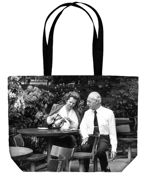 MARGARET THATCHER AND HUSBAND DENNIS (SMOKING) TAKE COFFEE IN THE PARK - 31ST MAY 1987