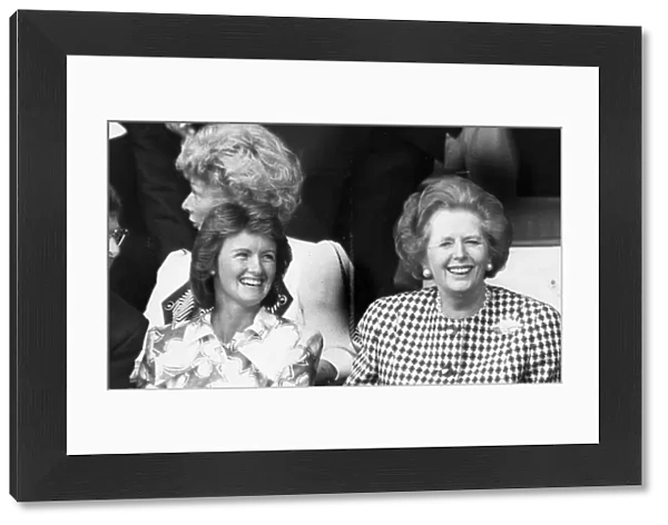 Margaret Thatcher at sporting event smiling - May 1987