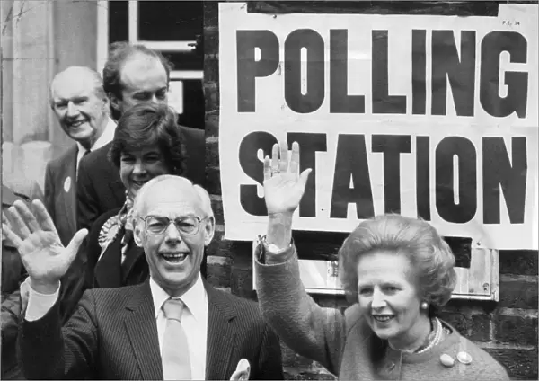 Margaret Thatcher husband Denis outside polling station - June 1987