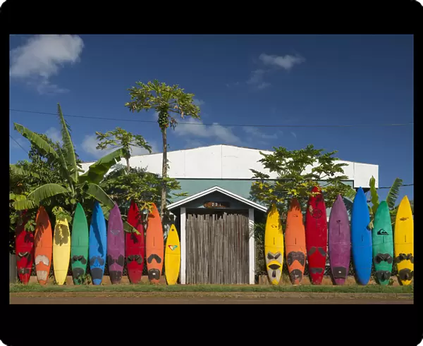 Maui. Colorlull surf boards in front of a house in Paia, Maui, Hawaii, USA