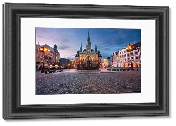 Liberec, Czech Republic. Cityscape image of downtown Liberec, Czech Republic with Liberec Town Hall and Fountain of Neptun at summer sunset