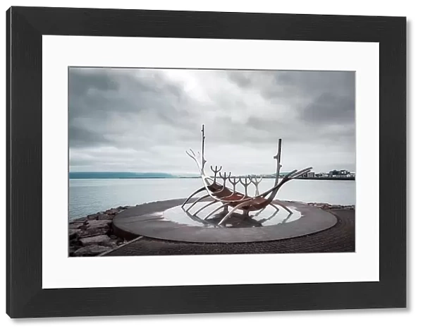 Cityscape with famous solfar ship sculpture in Reykjavik, Iceland