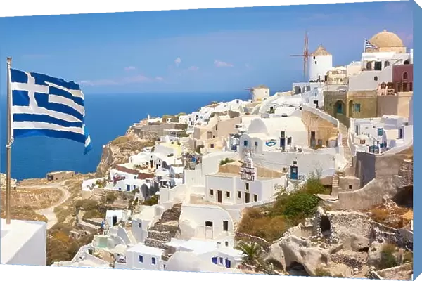 Greek flag in Oia Town (northern part of the Santorini) - view from the castle, Santorini Island, Cyclades, Greece