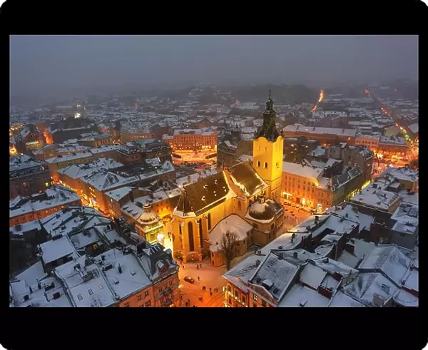 Gorgeus cityscape of winter Lviv city from top of town hall, Ukraine. Landscape photography