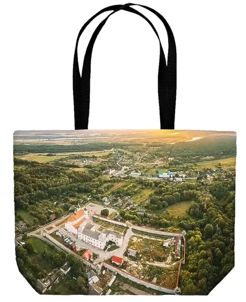 Aerial View Of Jesuit Collegium Complex. Top View Of Holy Nativity-The Theotokos Yurovichi Monastery. Drone View Of Beautiful European Nature From